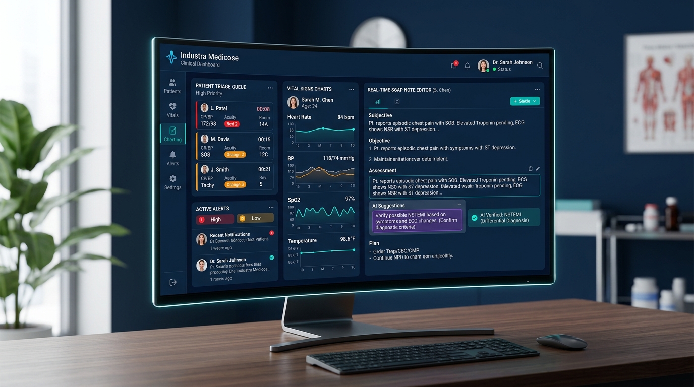 Industra Medicose clean dashboard mockup with doctor triage queue and clinical summary